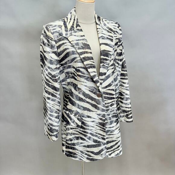Caché Jacquard Blazer Size 10 Metallic Zebra Floral Print Longline Vintage Y2k - Picture 3 of 16